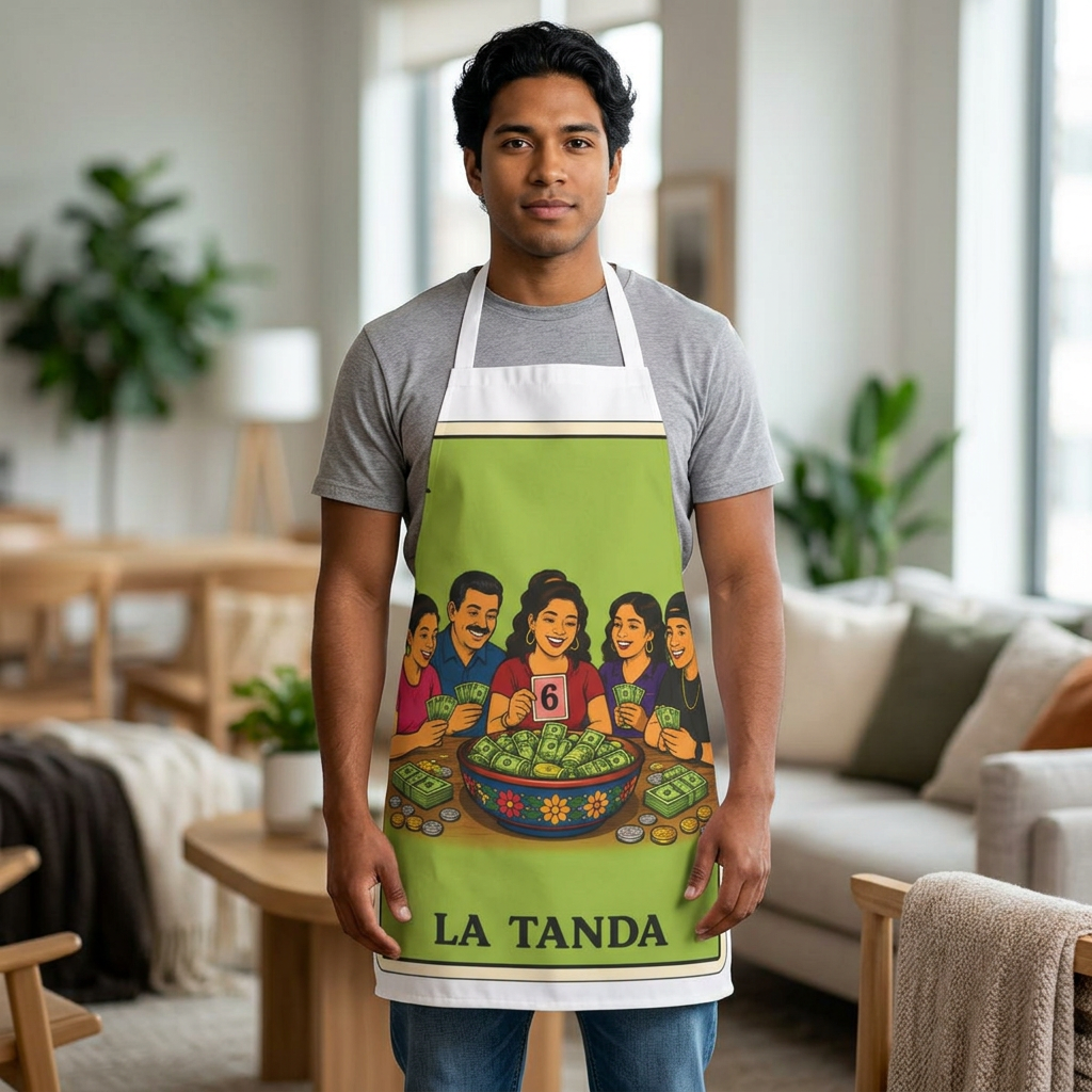 La Tanda Apron – Colorful Lotería Kitchen Apron for Family Gatherings